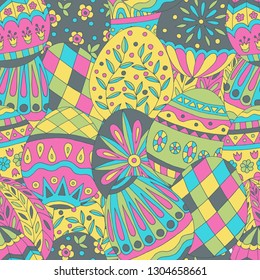 Colorful abstract seamless pattern of painted easter eggs, doodle