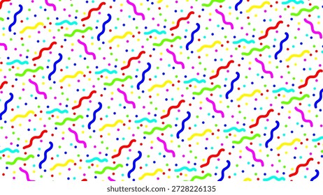 Colorful abstract seamless pattern with playful squiggle lines and dotted elements. Vibrant multicolor design inspired by 90s pop art style, suitable for backgrounds, wallpapers, textiles, wrapping paper, and modern graphic design projects.