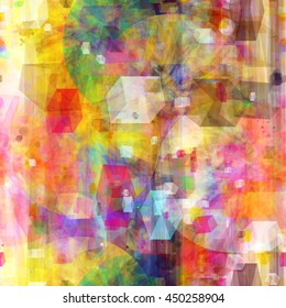 Colorful abstract seamless pattern with spots, polygons and stripes. Watercolor effect. 