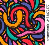 Colorful abstract seamless pattern with thick curved brush stroke, swirls and curved rough lines. Modern messy abstract organic texture. Squiggle ornament with hand drawn quirky texture lines.