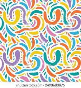 Colorful abstract seamless pattern with thick curved brush stroke, swirls and curved rough lines. Modern messy abstract organic texture. Squiggle ornament with hand drawn quirky texture lines.