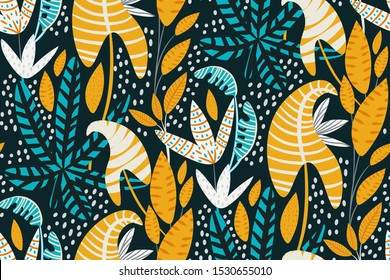 Colorful Abstract seamless pattern with tropical leaves on dark background. Hand draw texture in turquoise and yellow. Botanical print in hand-drawn style. Artistic Vector template.