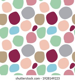 Colorful abstract seamless pattern with uneven round stains, spots, geometrical shapes, splashes background.   
