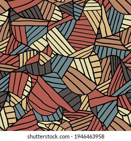Colorful abstract seamless pattern with uneven round striped stains, spots, geometrical shapes, splashes background.   