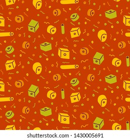 Colorful abstract seamless pattern with various glass beads and threads on red background. Multiple shapes. Retro memphis style of 1980s.