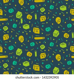 Colorful abstract seamless pattern with various glass beads and threads on dark background. Multiple shapes. Retro memphis style of 1980s.