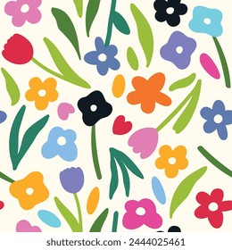 Colorful abstract seamless pattern. Vector floral wallpaper in doodle style with flowers and leaves. Gentle floral background. Print for fabric, paper, kids clothes and accessories