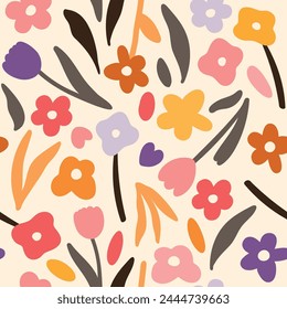 Colorful abstract seamless pattern. Vector floral wallpaper in doodle style with flowers and leaves. Gentle floral background. Print for fabric, paper, kids clothes and accessories