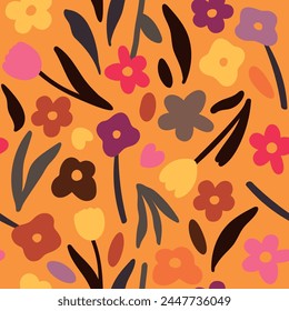 Colorful abstract seamless pattern. Vector floral wallpaper in doodle style with flowers and leaves. Gentle floral background. Print for fabric, paper, kids clothes and accessories