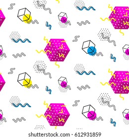 Colorful abstract seamless patterns in memphis style.