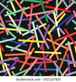 Colorful abstract seamless stick pattern on black background, vector illustration.