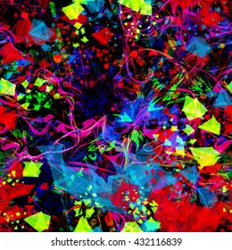 Colorful abstract seamless texture. Triangular elements like gems wavy lines, straight thin stripes, circles, shapeless spots. Bright colors.