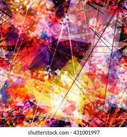 Colorful abstract seamless vector background.  Triangular elements, crystals, thin straight lines, scratches, streaks, spots. Randomly mixed. Easy editing. Grunge pattern.