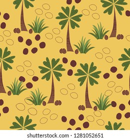 Colorful abstract seamless vector pattern with palm tree, heart shaped leaves and abstract coconuts, yellow background.
