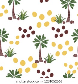 Colorful abstract seamless vector pattern with palm tree, heart shaped leaves and abstract coconuts.