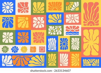 A colorful abstract set featuring groovy sunbursts and floral doodle shapes in retro naive  hippie style. This design kit includes organic sun icons, blooming petals, and wavy motifs