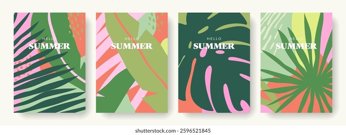 Colorful abstract set of summer backgrounds with tropical leaves. Modern template with simple plants for summer time concept. Minimalist design for print, cover, poster, card, banner, brochure