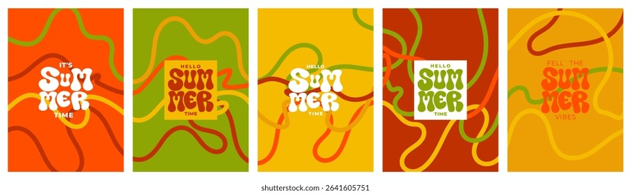 Colorful abstract set of summer wavy lines backgrounds. Modern template with simple wavy line style. Minimal wavy background design for print, cover, poster, card, banner, flyer, social media stock.