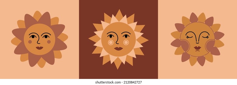 Colorful abstract set of three Suns with face. Ethnic style. Bohemian trendy Vector illustration. Logo, poster, t-shirt print template