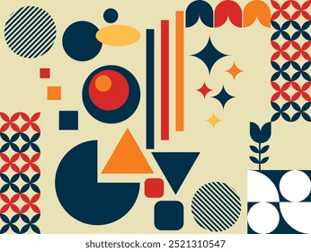 Colorful abstract with several unique shapes, triangles, squares, rectangles, leaves