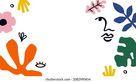 Plantilla de fondo colorida de forma abstracta. Marco vacío de espacio en blanco con decoración de naturaleza tropical retro en estilo de arte inspirado en matisse.