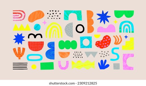 Colorful abstract shape doodle collection. Funny geometric collage shapes. Modern element set in hand drawn style. Creative decoration clip art bundle on isolated background.