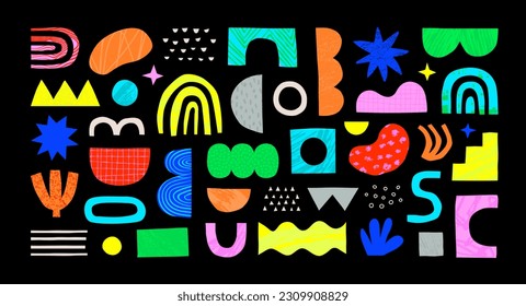 Colorful abstract shape doodle collection. Funny geometric collage shapes. Modern element set in hand drawn style. Creative decoration clip art bundle on isolated background.