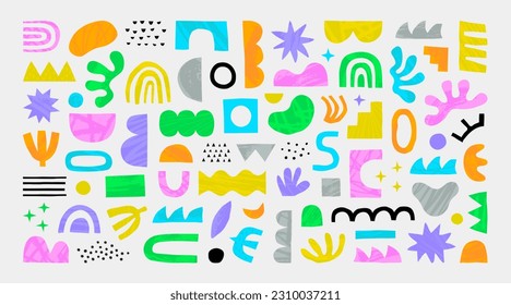 Colorful abstract shape doodle collection. Funny geometric collage shapes. Modern element set in hand drawn style. Creative decoration clip art bundle on isolated background.