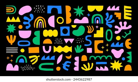 Colorful abstract shape doodle collection. Funny geometric collage shapes. Modern element set in hand drawn style. Creative decoration clip art bundle on isolated background.