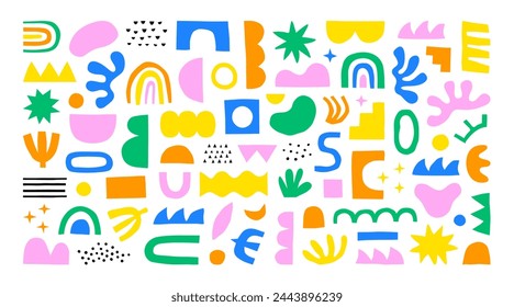 Colorful abstract shape doodle collection. Funny geometric collage shapes. Modern element set in hand drawn style. Creative decoration clip art bundle on isolated background.