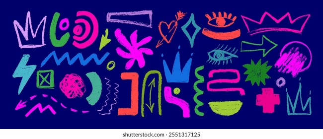 Colorful abstract shape doodle collection. Funny geometric collage shapes. Modern element set in hand drawn style. Creative decoration clipart bundle on isolated background.