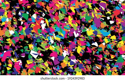 Forma abstracta colorida, dispersa en el fondo negro. Simple pero genial. Adecuado para papel de pared, impresión de tela, papel de envoltura de regalo o fondo de tu obra de arte.
