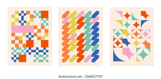 Colorful abstract shapes backgrounds. Geometric posters in trendy retro bauhaus style. Swiss design aesthetic.