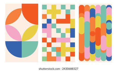 Colorful abstract shapes backgrounds. Geometric posters in trendy retro style.