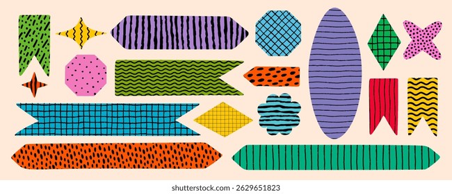 Colorful abstract shapes and banner collection with retro pattern design. Modern brutalist elements ideal for bookmark making, note decoration, scrapbooking, and creative graphic design projects