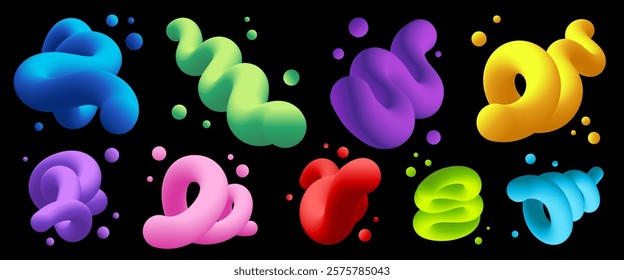 Colorful abstract shapes in blue, green, purple, yellow, and red. Vibrant, fluid forms on a black background. Abstract, colorful, and dynamic design elements. Colorful 3d element vector set.