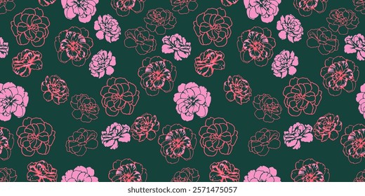 Colorful abstract shapes buttercups, pansies flowers seamless pattern on a dark green background. Creative stylized floral print. Vector hand drawn. Fashionable nature ornament for designs