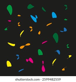 Colorful abstract shapes. Dynamic floating elements. Bright contrast motion. Dark background emphasis.