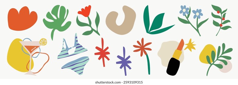 Colorful abstract shapes and floral designs. Abstract art with vibrant colors. Includes floral elements and abstract shapes in bright hues. Cute illustrations, isolated vector set.