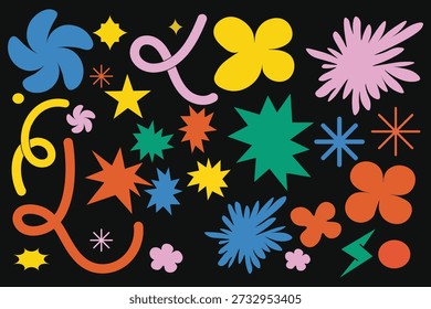 Bunte abstrakte Formen und florale Elemente auf schwarzem Hintergrund