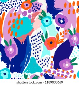 Colorful abstract shapes and flowers. Vector seamless pattern. 