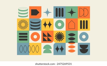 Colorful abstract shapes geometric backgrounds. Brutalism poster, pattern in tiles in trendy retro bauhaus style. Swiss design aesthetic, banner, wallpaper
