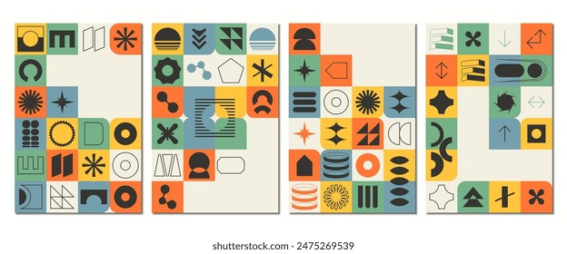 Colorful abstract shapes geometric poster tamplates. Brutalism postcard, pattern in tiles in trendy retro bauhaus style. Swiss design aesthetic, banner, wallpaper