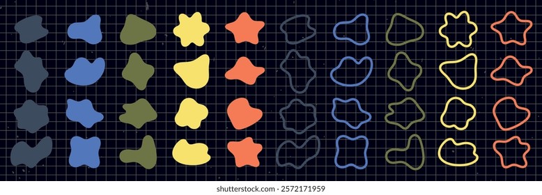 Colorful abstract shapes in a grid pattern. Abstract shapes in blue, green, orange, and yellow. Grid background with abstract shapes in various colors. Colorful shapes, vector element set.