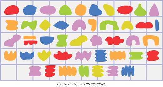 Colorful abstract shapes in a grid pattern. Bright shapes in red, blue, green, yellow, and pink. Abstract shapes create a vibrant, artistic design. Colorful vector set.