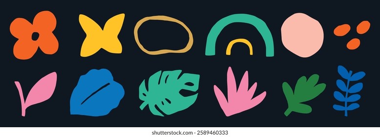 Colorful abstract shapes, including leaves, flowers, and geometric forms, on a dark background. Vibrant leaves and flowers in abstract, playful design. Aesthetic colorful elements, vector set.