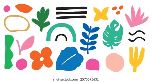 Colorful abstract shapes and leaves, featuring vibrant leaves, bold shapes, and artistic elements. Playful leaves and shapes in vivid colors. Aesthetic colorful elements, vector set.