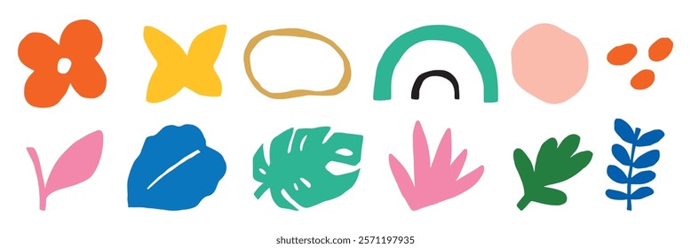 Colorful abstract shapes, leaves, and flowers in vibrant hues. Abstract flowers and leaves in orange, yellow, blue, and pink. Cute hand drawn floral elements, vector set.