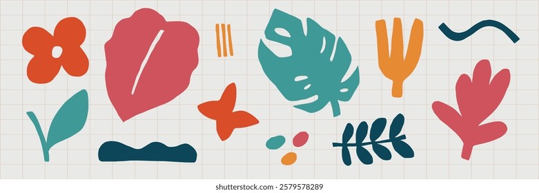 Colorful abstract shapes, leaves, and flowers on a grid background. Vibrant shapes, leaves, and flowers create a playful design. Shapes, leaves, flowers. Nature illustrations, vector set.