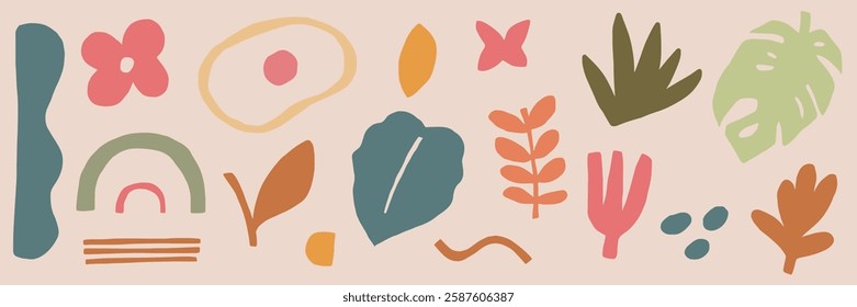 Colorful abstract shapes and leaves in a playful design. Abstract shapes and leaves create a vibrant pattern. Leaves and shapes add a whimsical touch. Nature illustrations, vector set.